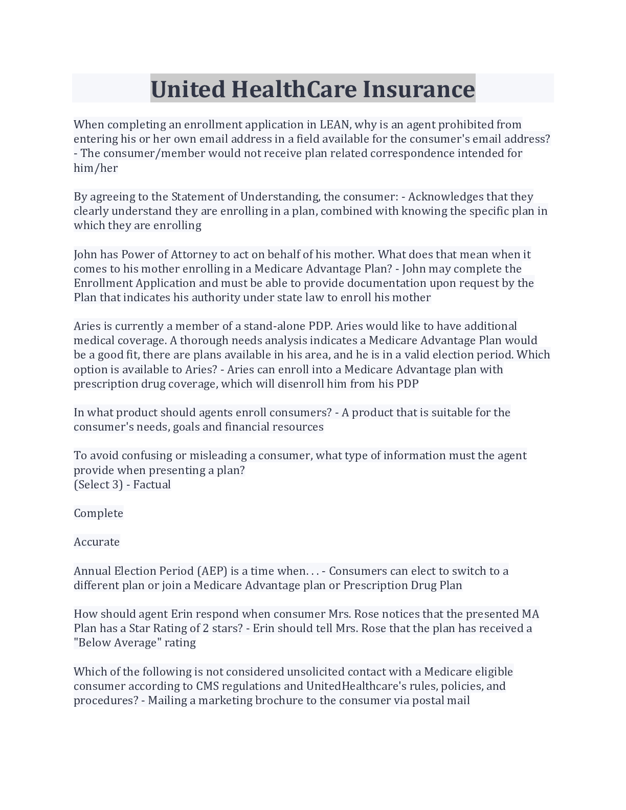 Preview image for United HealthCare Insurance Questions And Answers A Grade